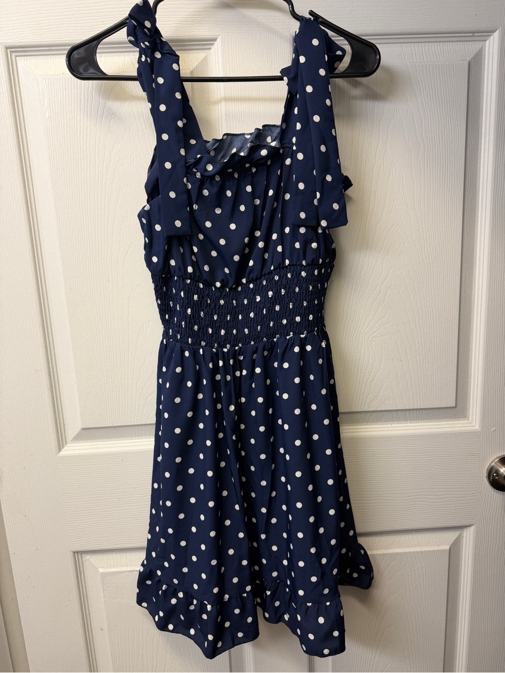 Navy Polka Dot Smocked Mini Dress with Ruffle Straps